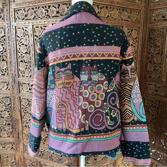 Original Vintage Laurel Burch Silverado Boho Cat Tapestry Blanket Knit Jacket - Picture 6 of 12